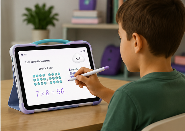 A learner solving 7 × 8 on the AIVO Pad with the stylus at a desk