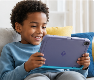 A child learning on the AIVO Pad at home on a sofa